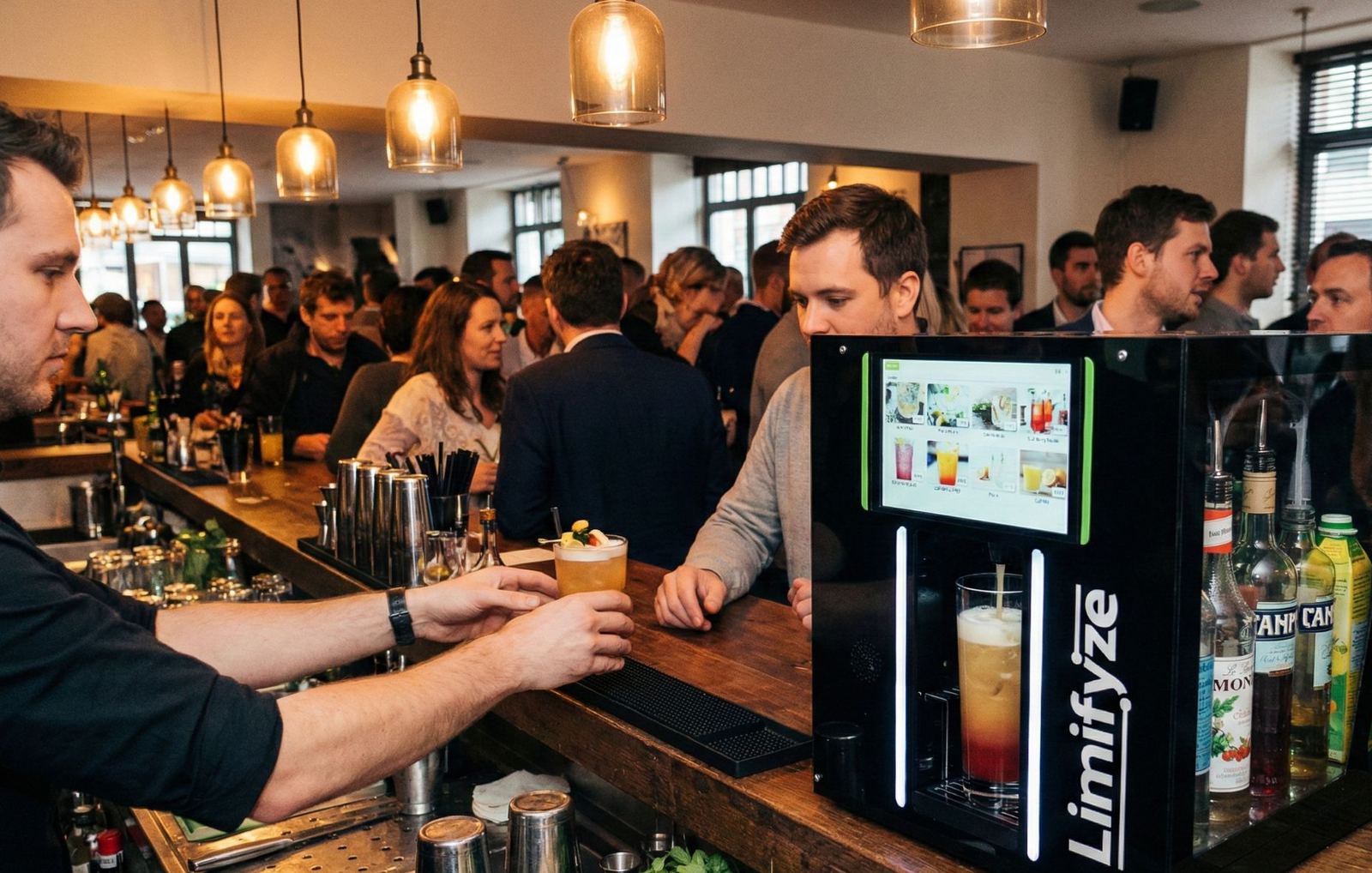 A Servenia machine serving drinks at a packed bar