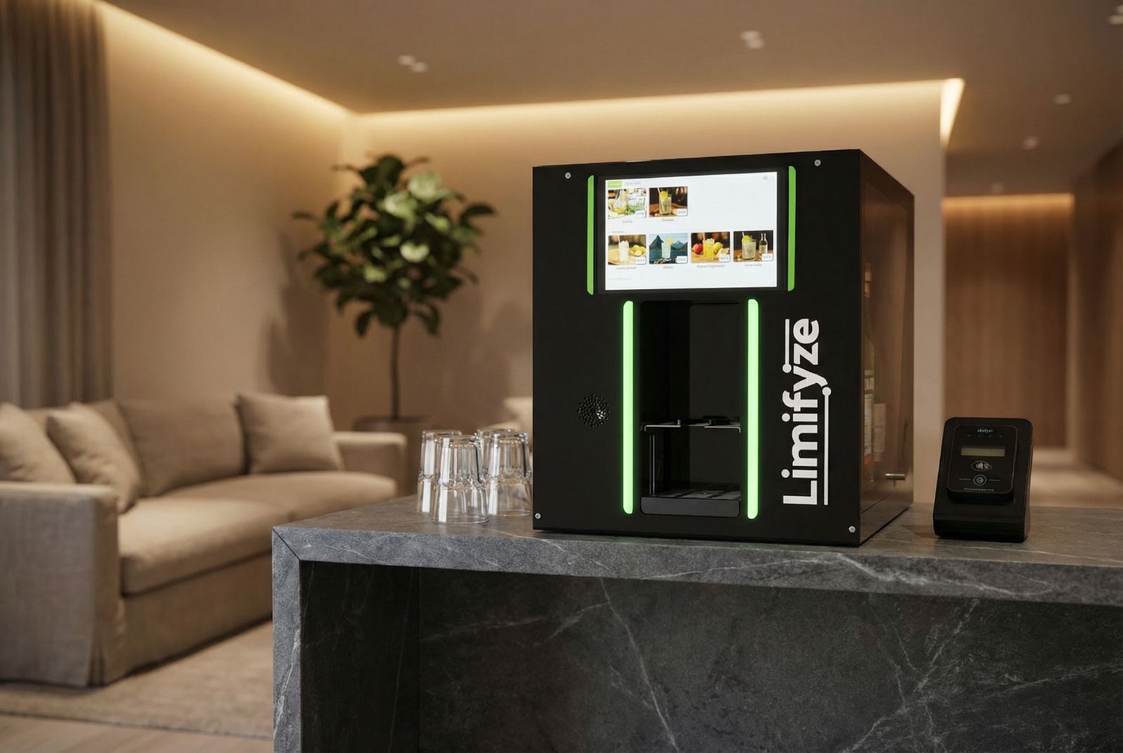 Servenia drink machine on a marble counter in a hotel lounge